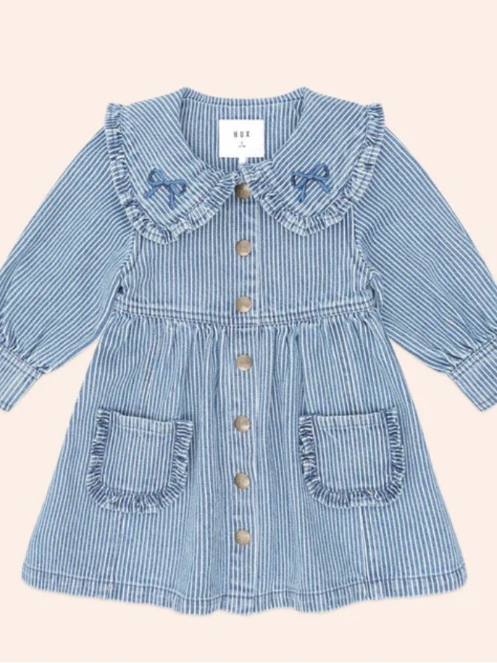 🆕NWT Huxbaby Vintage Bow Collar Denim Blue Stripe Dress